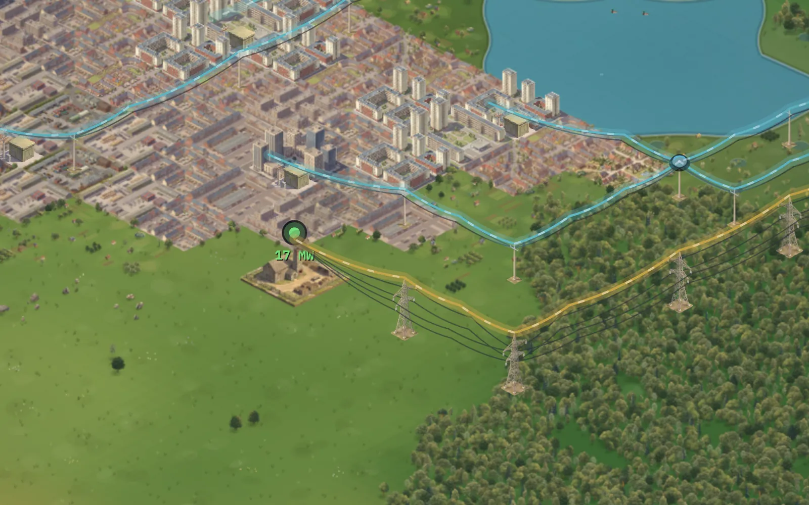 The edge of a town fading into gardens, orchards and fields.