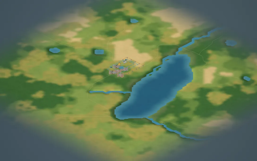 A lake map, with a great lake in dry country.