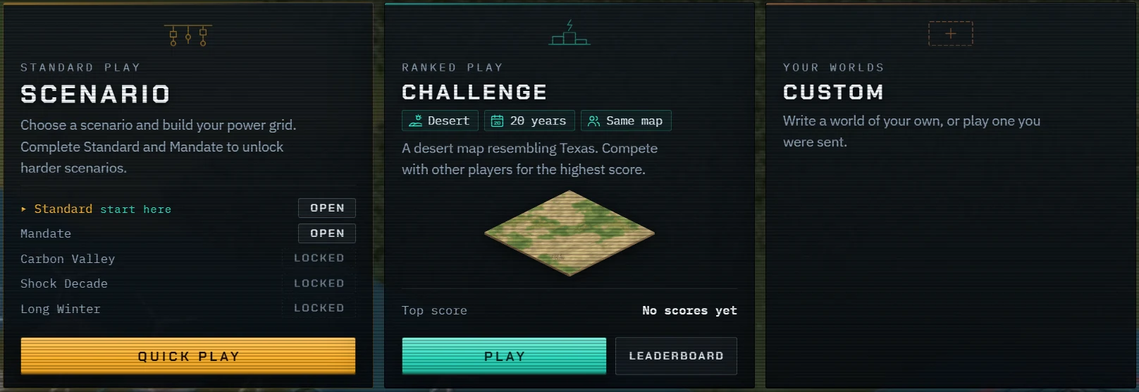 The start screen: Scenario, Challenge and Custom side by side. The Challenge card shows Desert, 20 years and Same map, a picture of the map, Top score: no scores yet, and Play and Leaderboard keys.