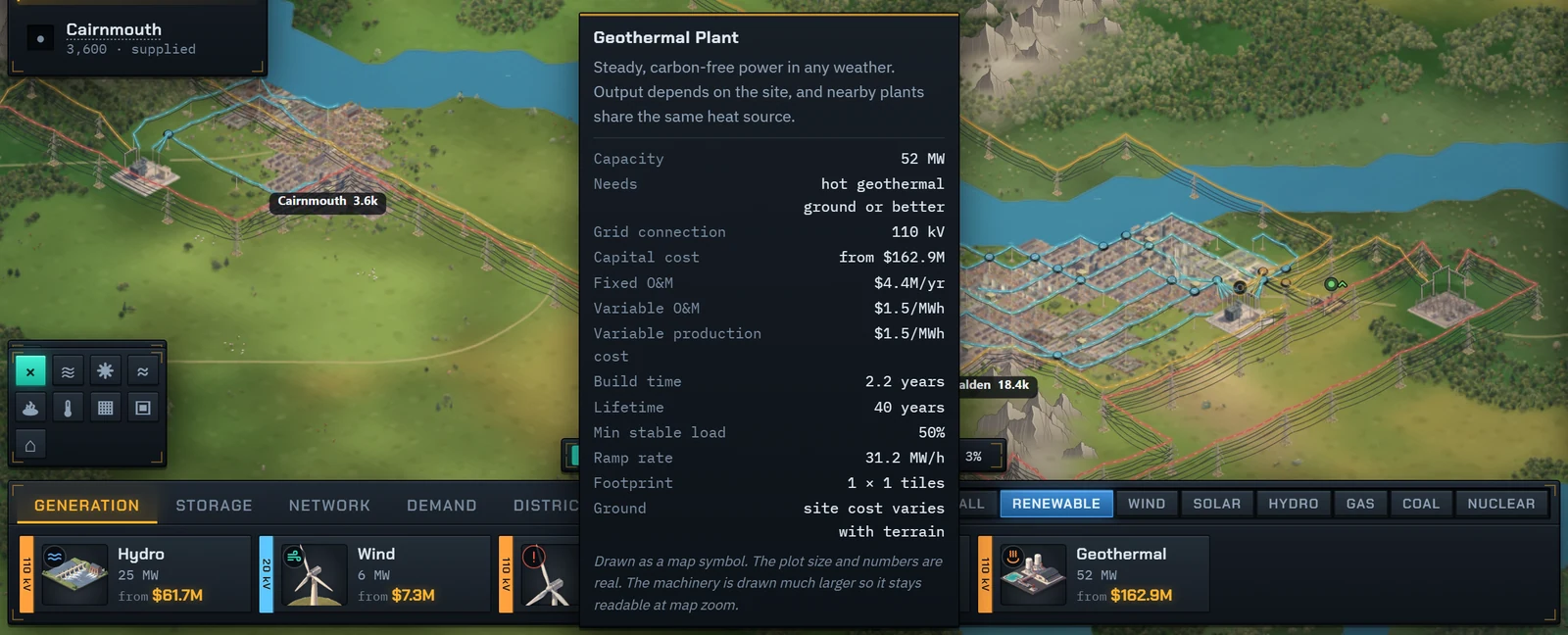 The Geothermal Plant’s card over the build bar, with the row Needs: hot geothermal ground or better. The Hydro button carries waves, Wind a wind mark, and Offshore a red mark.