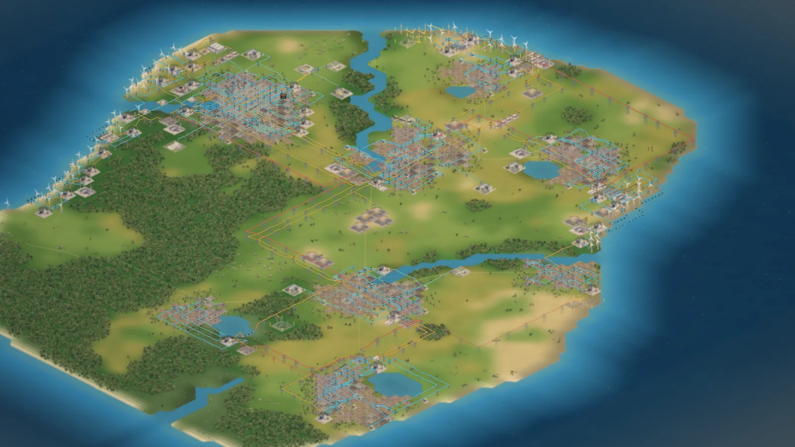 The Year 40 colony the speed was measured on: an island with eight towns joined by 380, 110 and 20 kV lines, wind farms along the west coast and plants scattered between the towns.