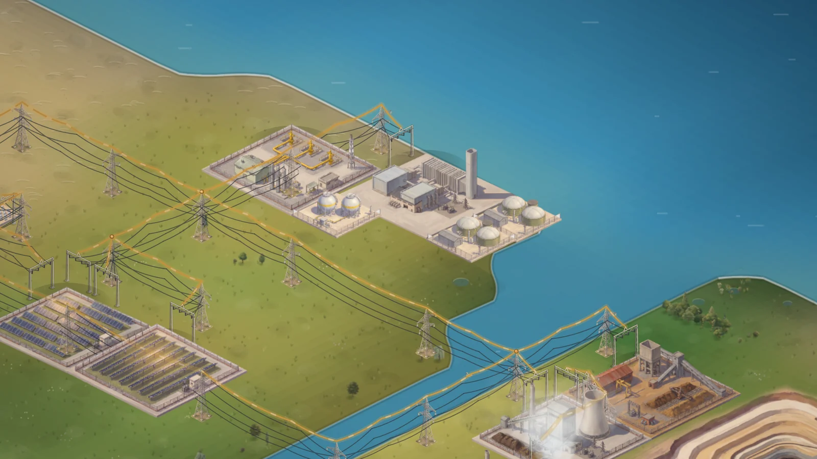 The gas corner on the coast: a combined-cycle plant with two biogas digesters and their domes beside it, the two gas spheres, and the yellow wellheads of the gas cavern, with the solar parks and the tower nearby.