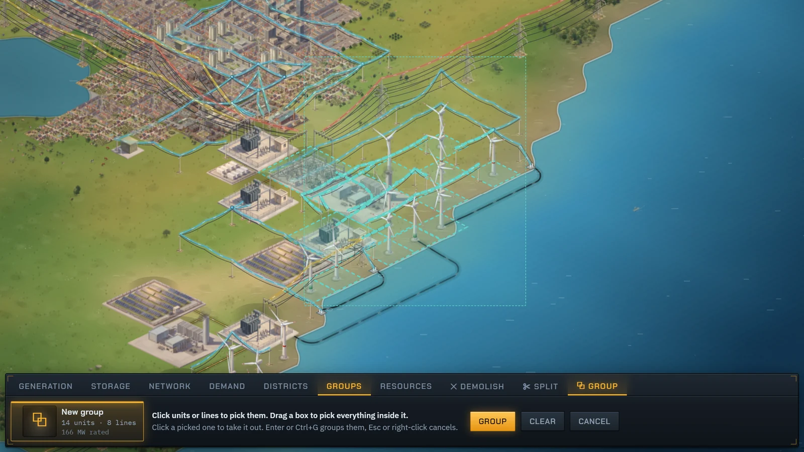 The group tool over the Lindholm wind farm: a dashed box dragged round the turbines, everything inside it lit in teal, and the build bar holding the picks, 14 units and 8 lines, 166 MW rated, with Group, Clear and Cancel.