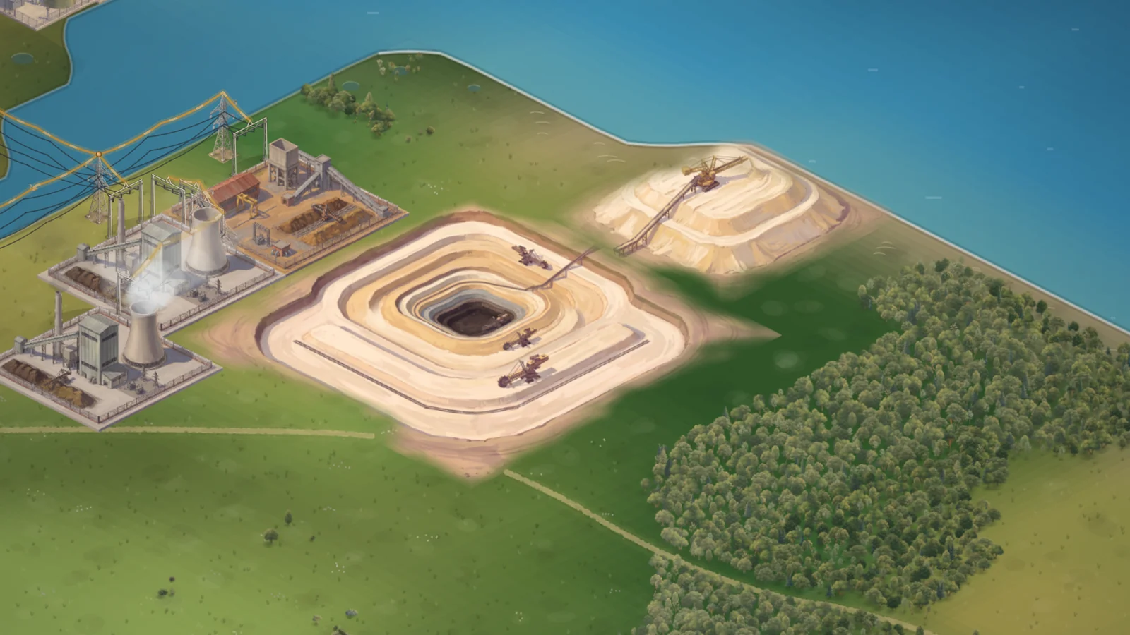 The mine fully open: a pit of five by five tiles cut in pale terraces down to the dark seam, four excavators on its benches, the finished spoil heap behind it with its spreader, and the two lignite plants and the mine’s works beside it.