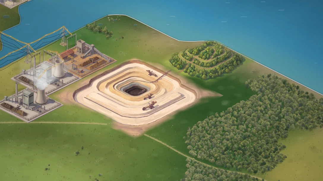 The pit fully open and the heap beside it grown over with forest.