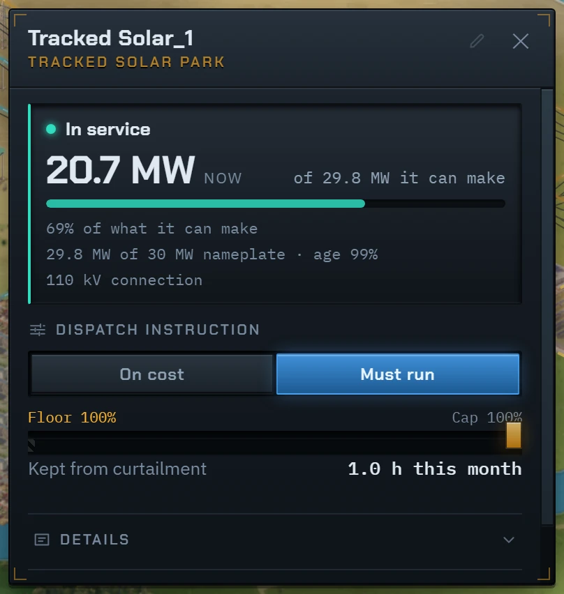 The Tracked Solar Park’s card at eight in the morning in June, set to Must run: 20.7 MW of the 29.8 MW it can make, 69%.