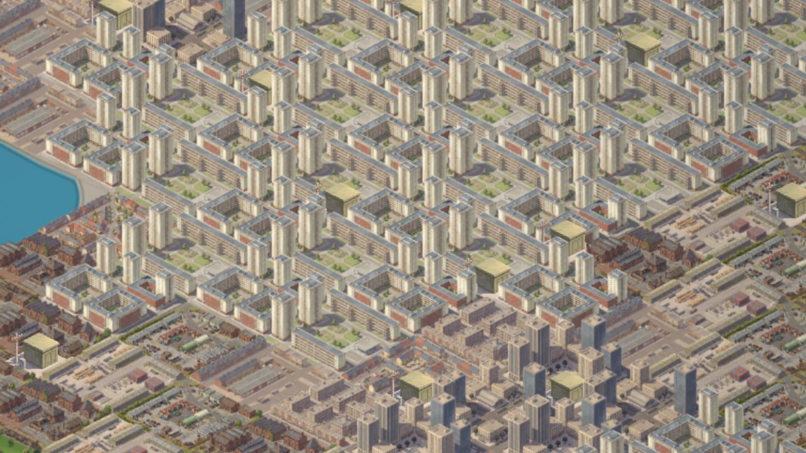 The middle of Saltmere on 0.9.6, closer: rows of the same towers in the same courtyards.