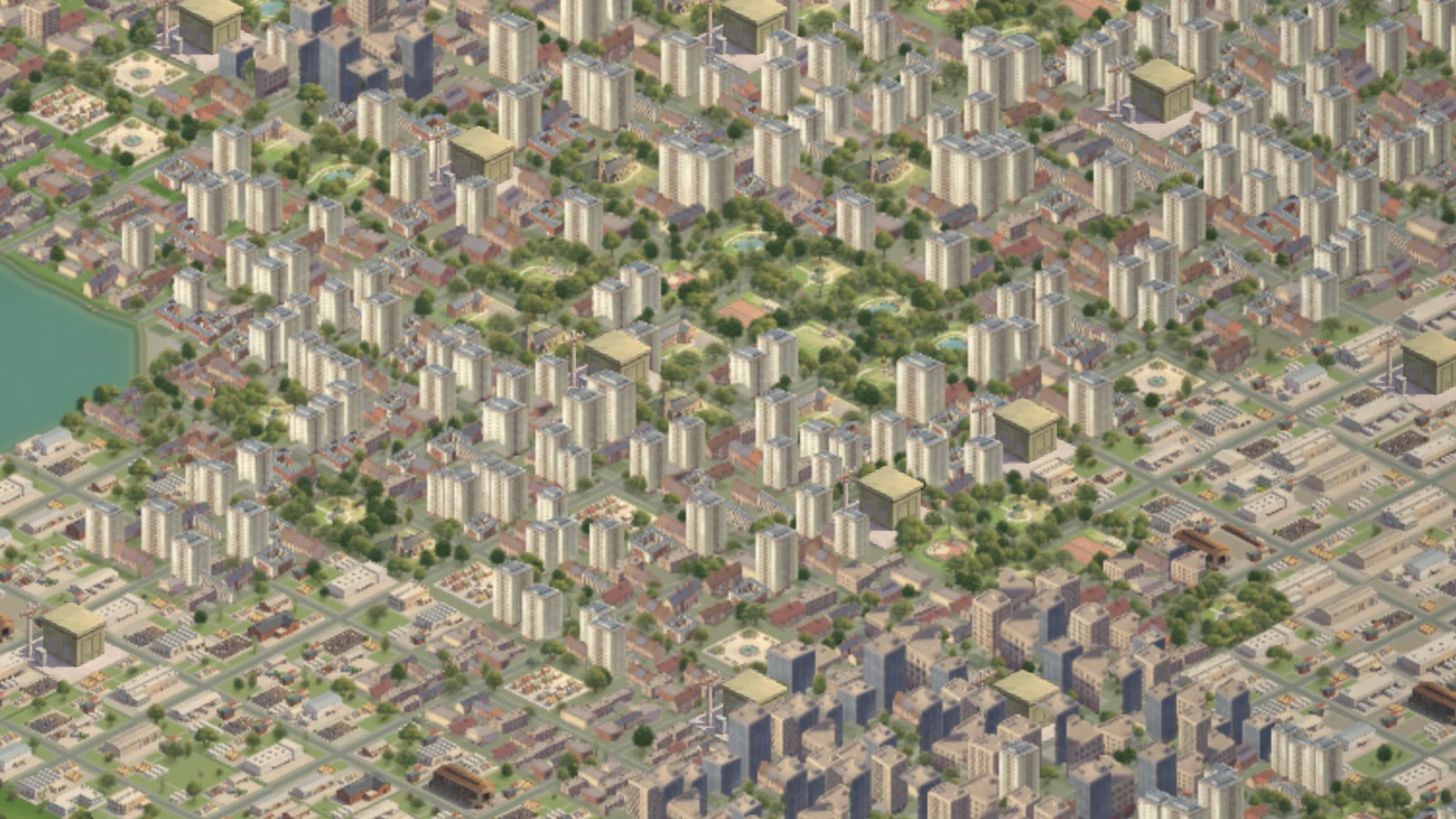 The middle of Saltmere on 0.9.7, closer: towers and flats among parks, ponds and trees.