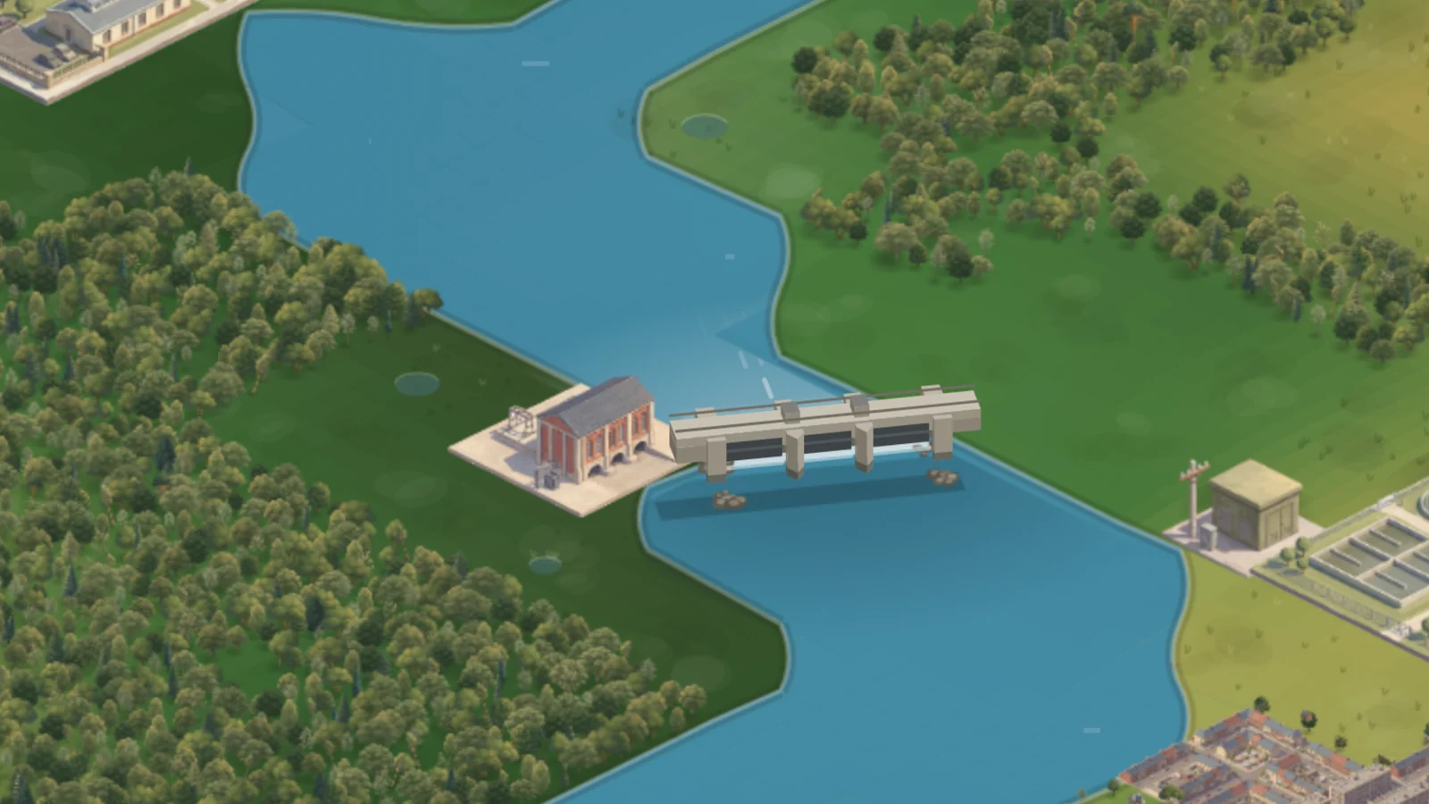 The same dam on 0.9.6: a plain grey barrage with the powerhouse on a pale slab.