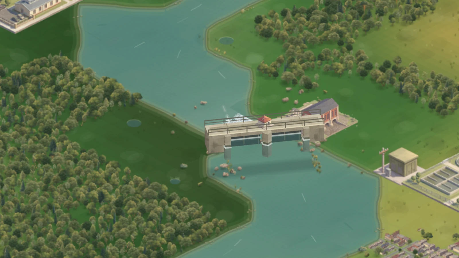 A dam on 0.9.7: a concrete barrage with a gatehouse across a river, rocks below it and the brick powerhouse on the bank.