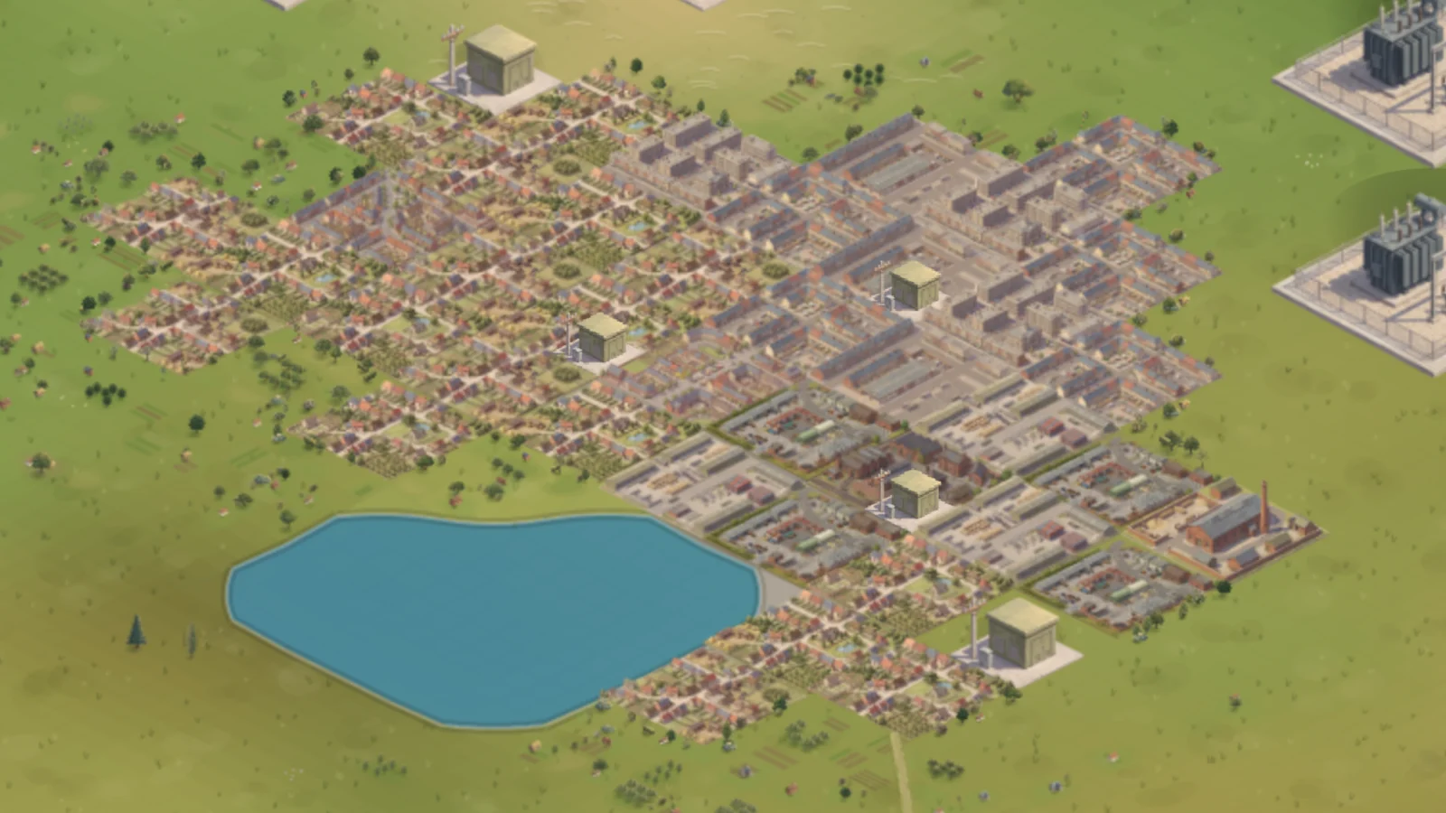 Calder on 0.9.6: the town cut off in straight steps along its tiles, beside a lake with a pale outline.