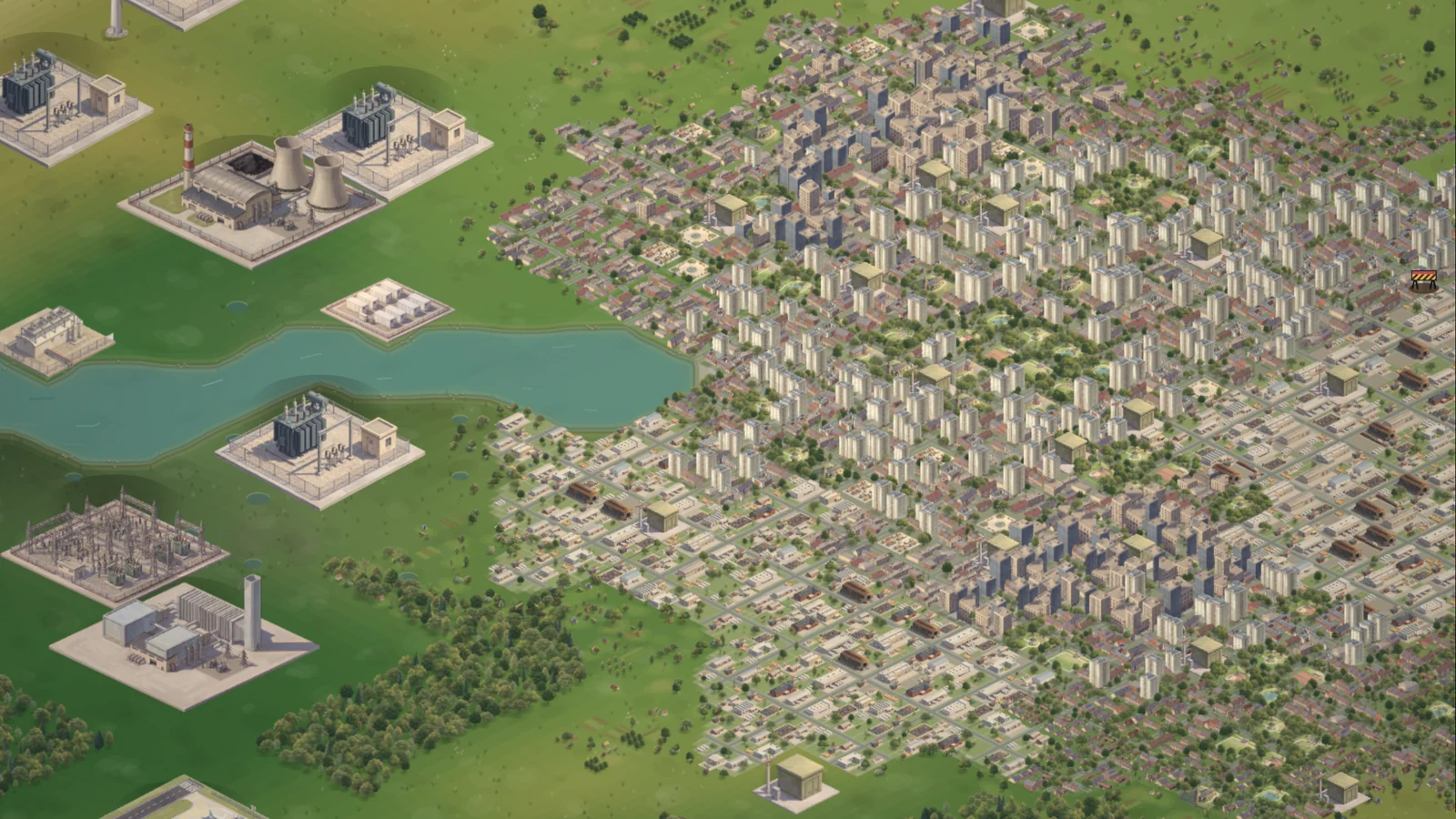 The middle of Saltmere on 0.9.7: towers and flats among parks, ponds and tree lined streets, giving way to houses and an industrial estate, beside a river.