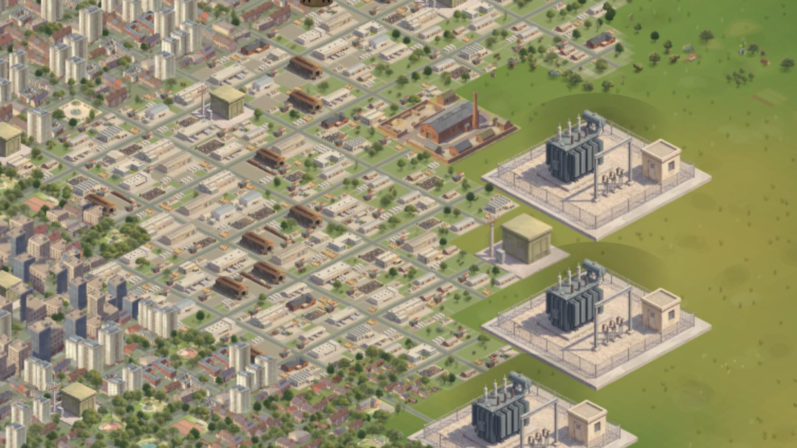 Saltmere’s east side on 0.9.7: sheds, car parks and yards on a grid of streets, flats and towers behind them, and three substations on the grass.