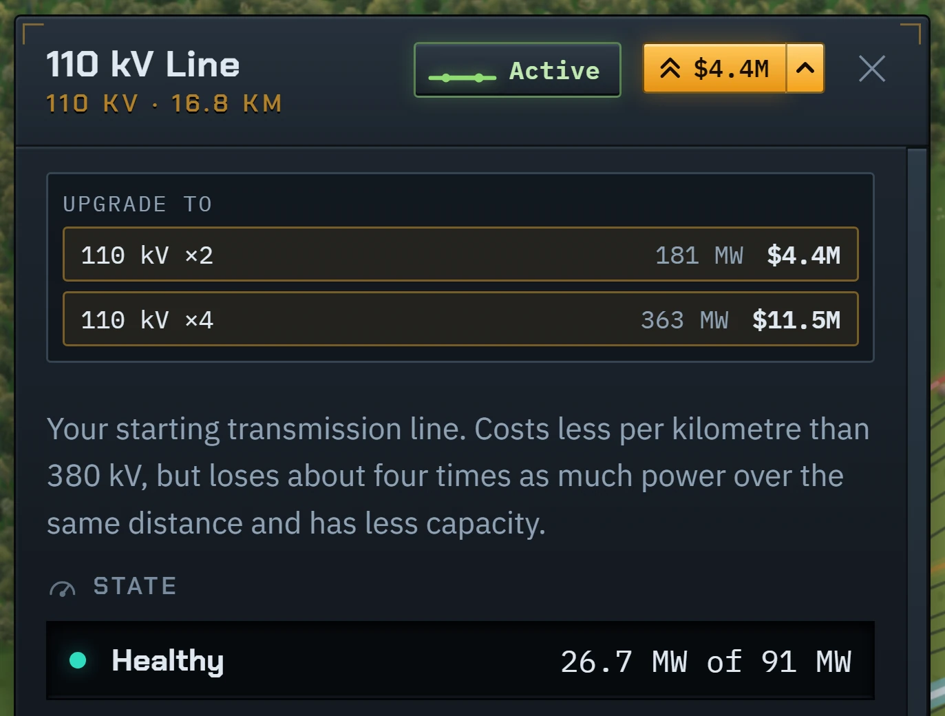 A 110 kV line’s card with its upgrade list open: 110 kV ×2 at 181 MW for $4.4M, and 110 kV ×4 at 363 MW for $11.5M.
