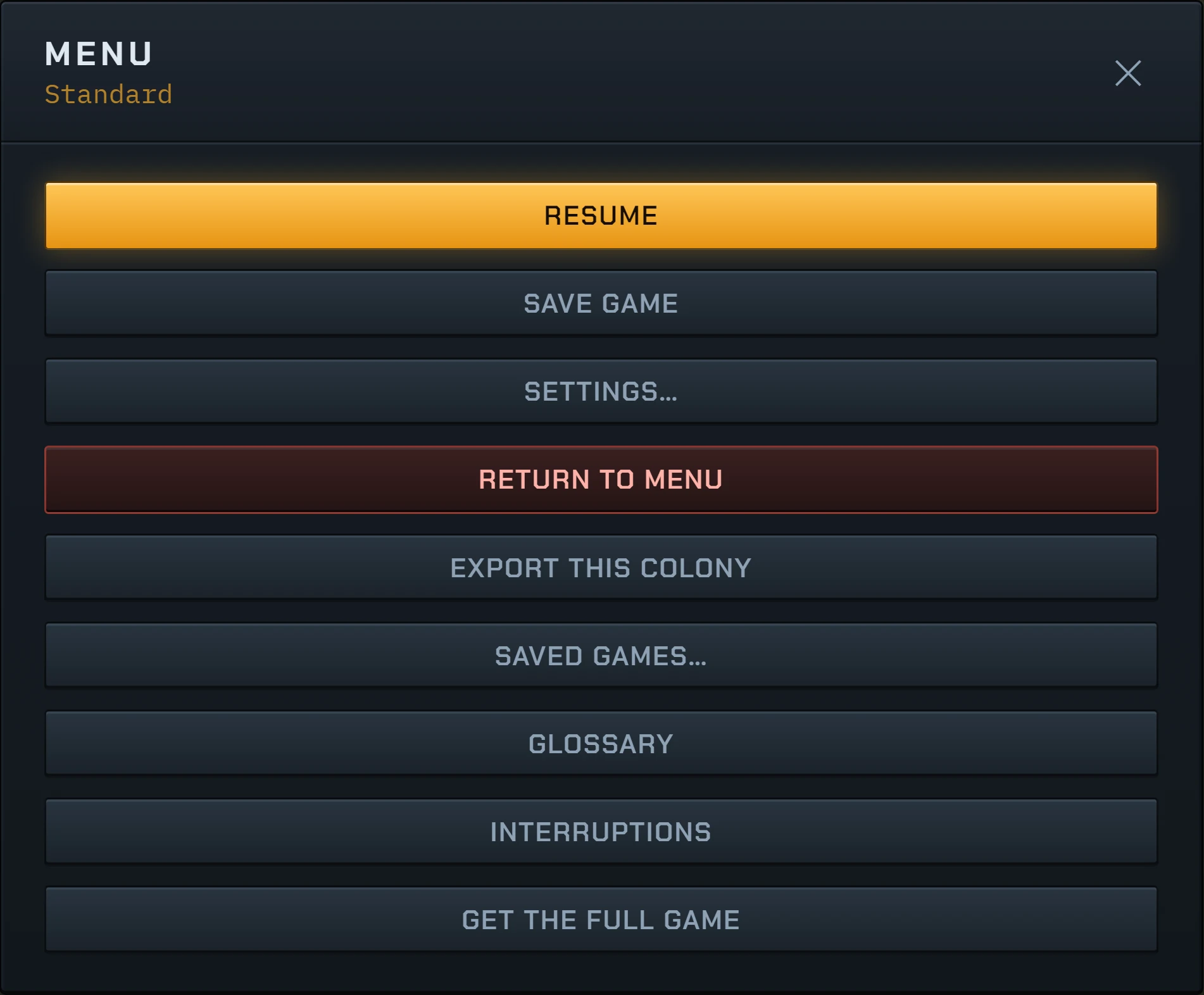 The menu in a run: Resume, Save game, Settings, Return to menu, then Export this colony, Saved games, Glossary and Interruptions.