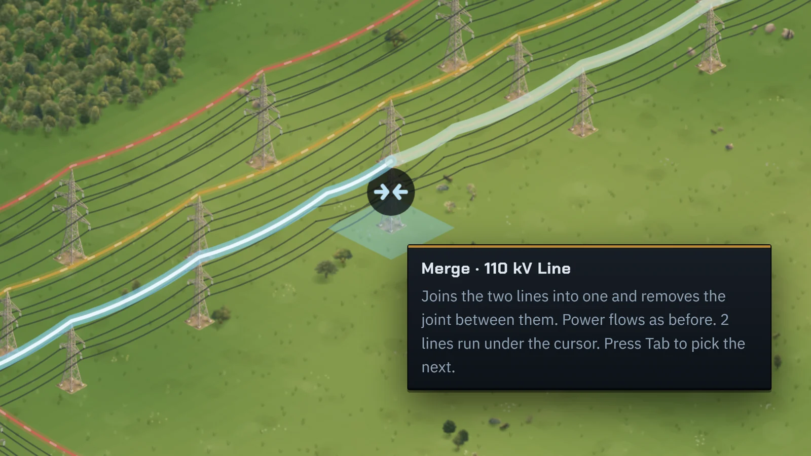 A 110 kV line cut in two in open country. The first half is picked and lit, the pointer is on the joint with a join mark over it, and the tooltip reads Merge, 110 kV Line: joins the two lines into one and removes the joint between them.