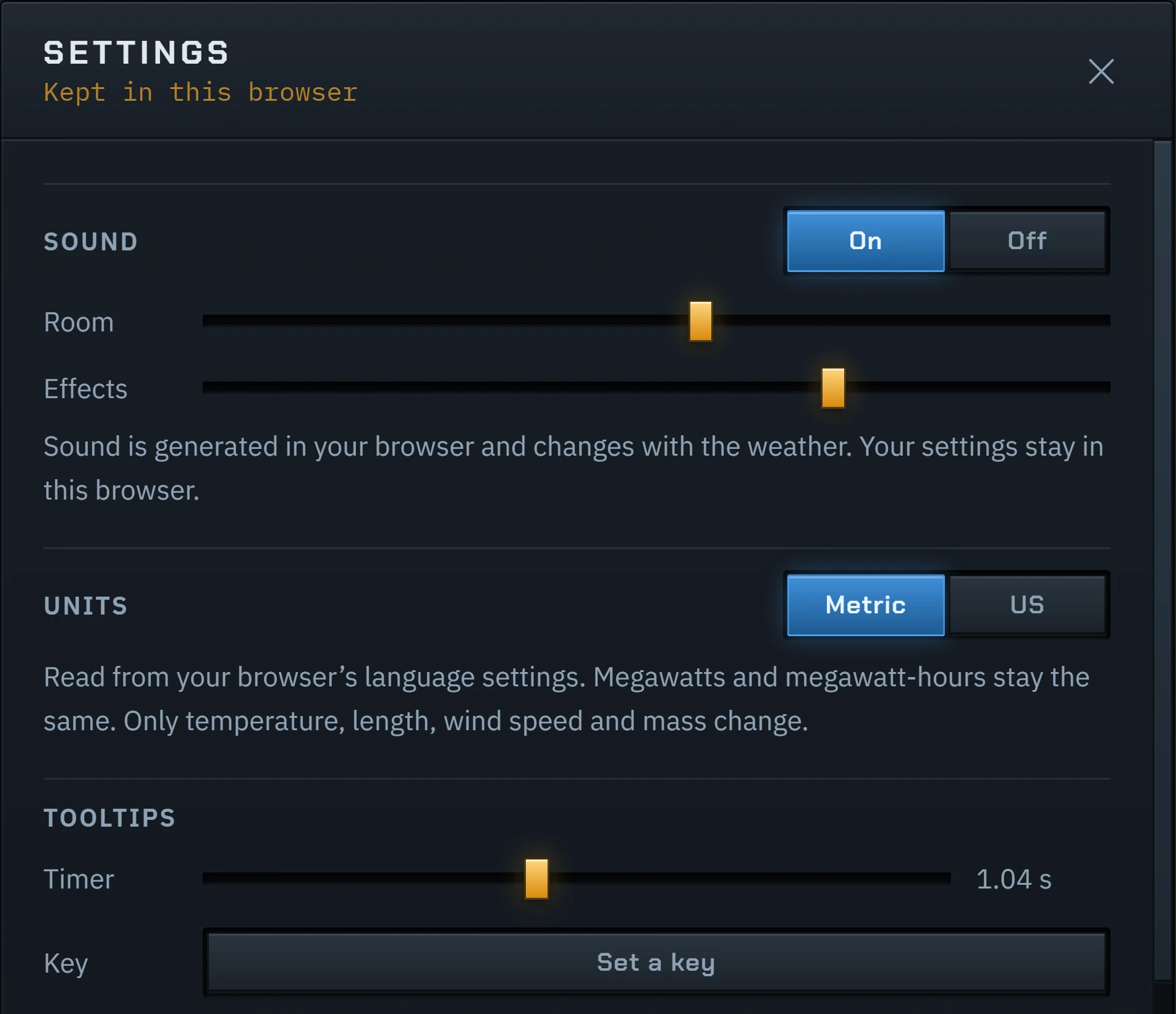 The Settings panel: sound on or off with room and effects levels, metric or US units, and how long a tooltip waits before it holds.