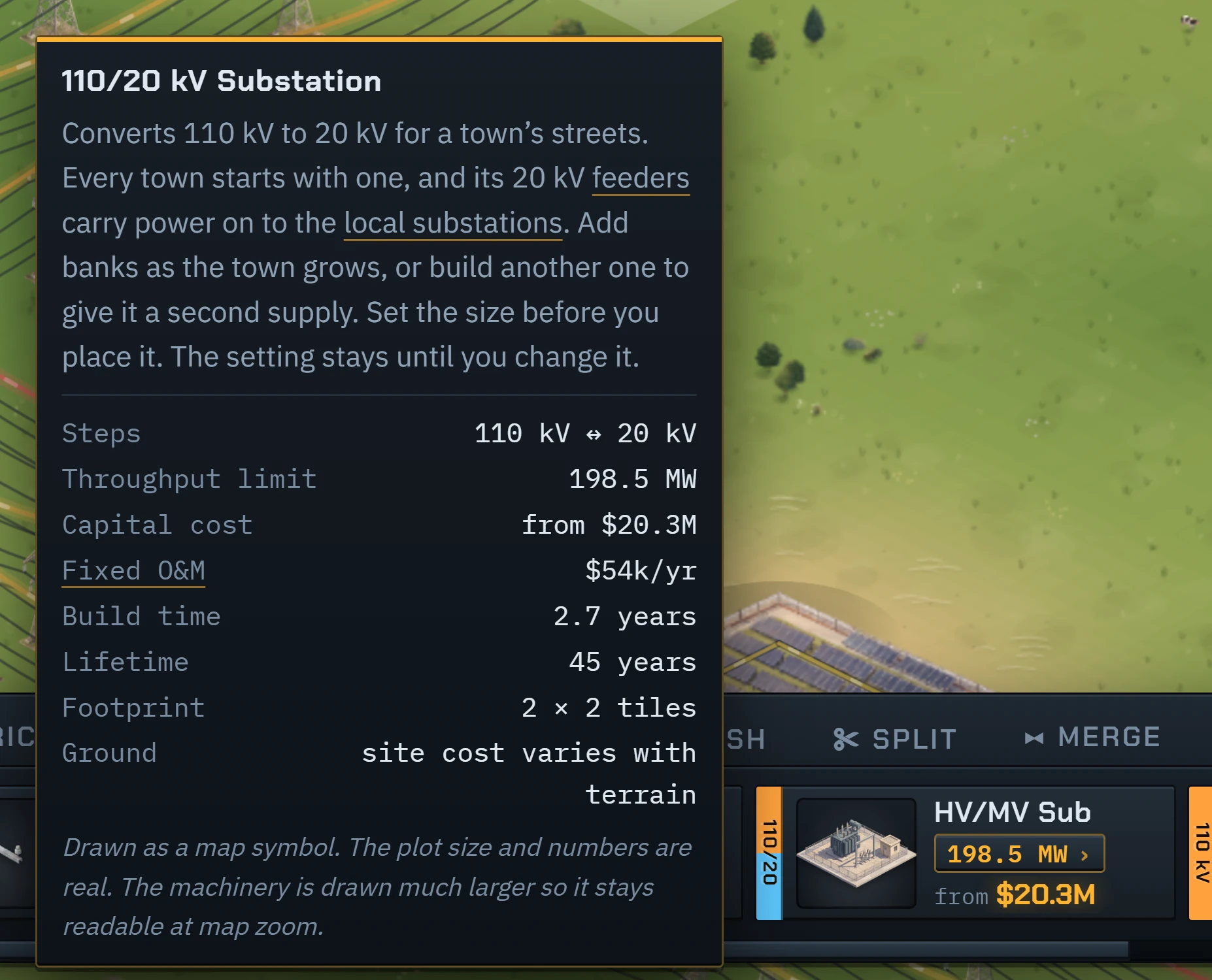 The Grid tab of the build bar with the 110/20 kV substation set to its largest size, and its tooltip: every town starts with one, add banks as the town grows, set the size before you place it.