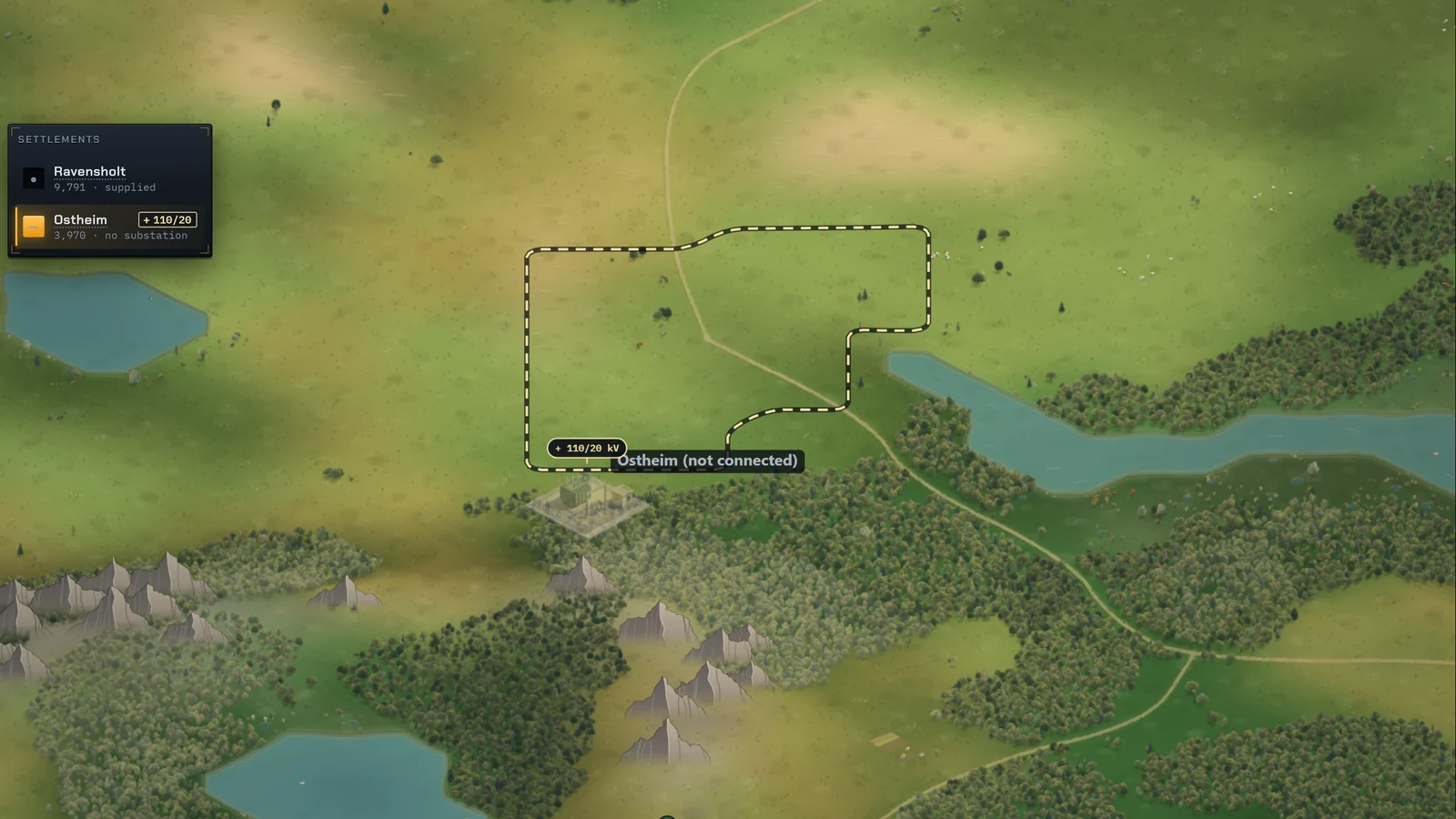 Ostheim, a new town of 3,970 people: a dashed outline over open fields, and at its corner a see-through 110/20 kV Substation under a mark reading + 110/20 kV.