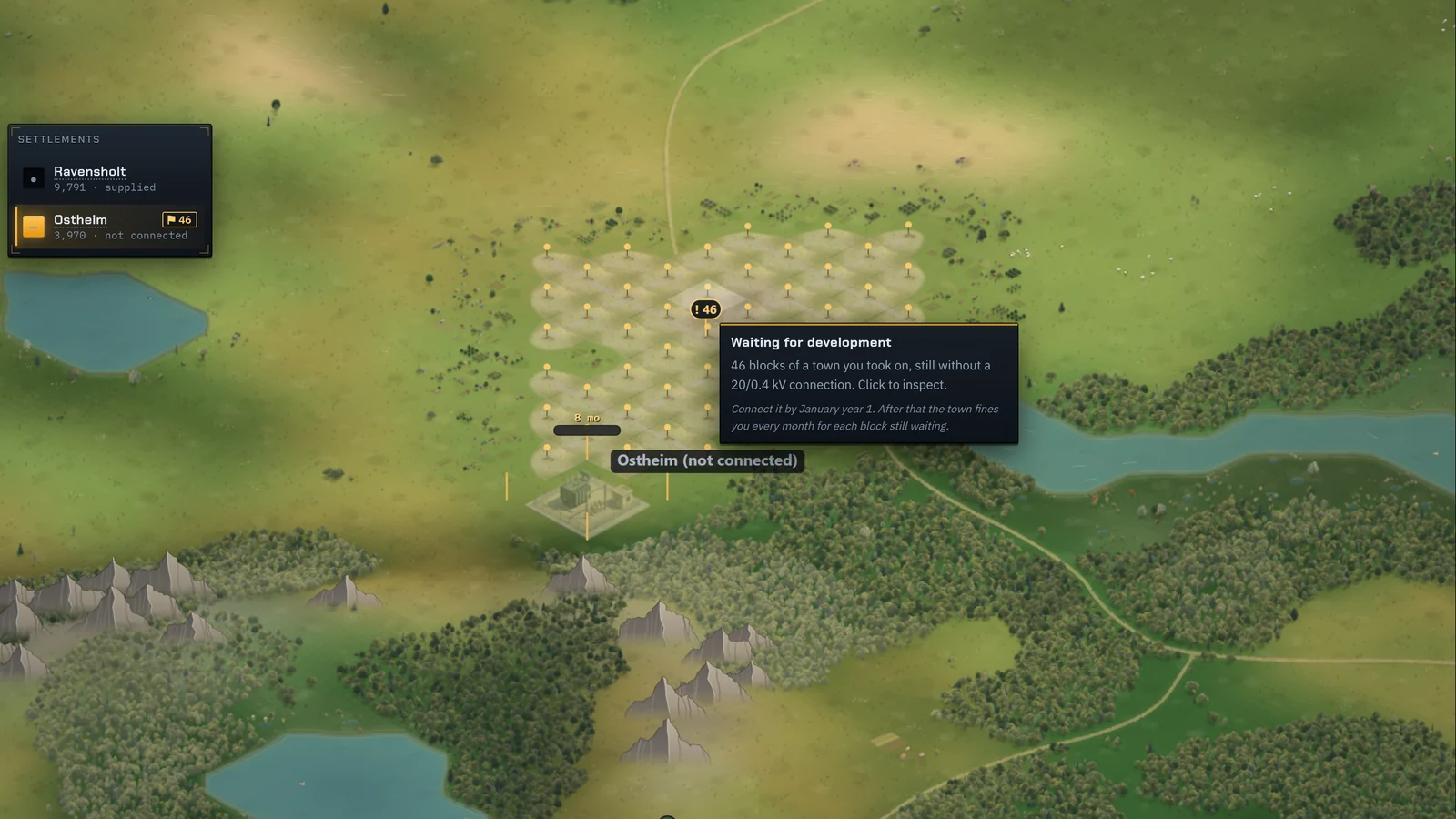 The same town after a 110/20 kV Substation was placed on its site: its blocks laid out on the ground with a flag on each, the substation under construction, and a tooltip saying to connect them by January year 1.