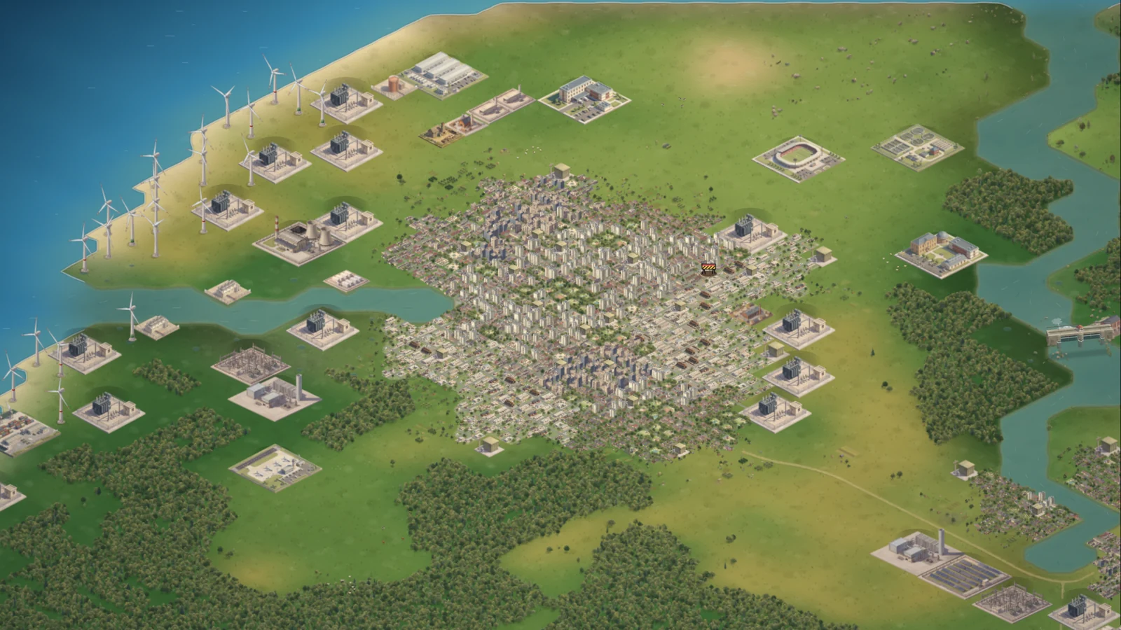 Saltmere whole on 0.9.7: separate buildings, parks and trees, with a river on its west side and plants around it.